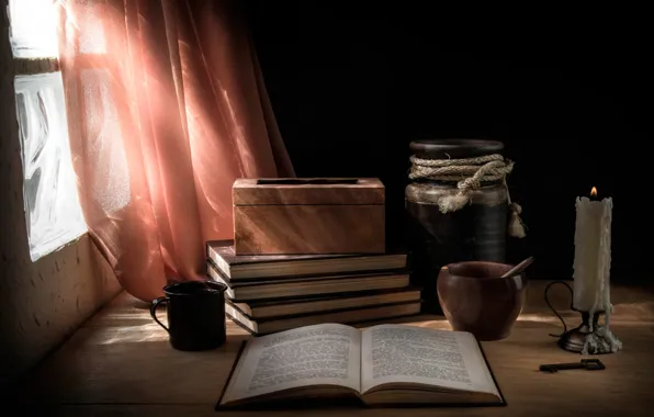 Table, candle, window, book, pitcher, mortar