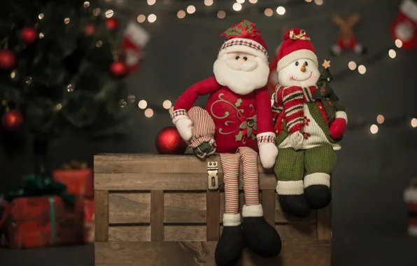 Holiday, toys, new year, Christmas, snowman, tree, box, Santa Claus
