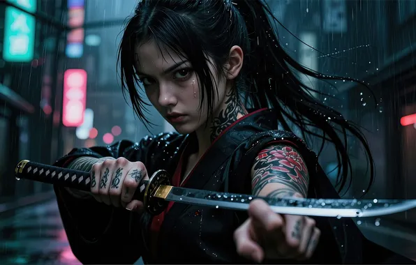 Girl, samurai, samurai katana