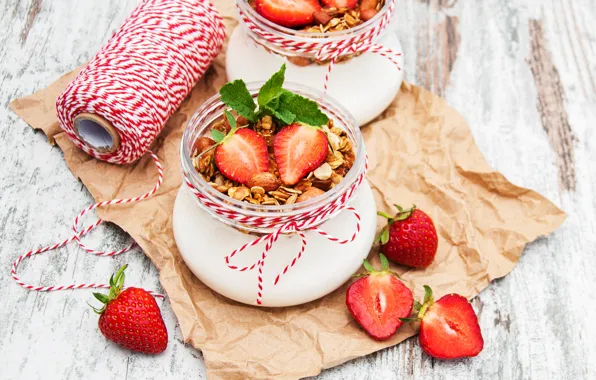 Picture table, jars, yogurt, Breakfast, strawberry, Olena Rudo