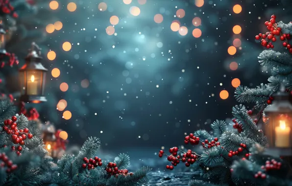 Winter, snow, branches, lights, berries, texture, candles, fruit