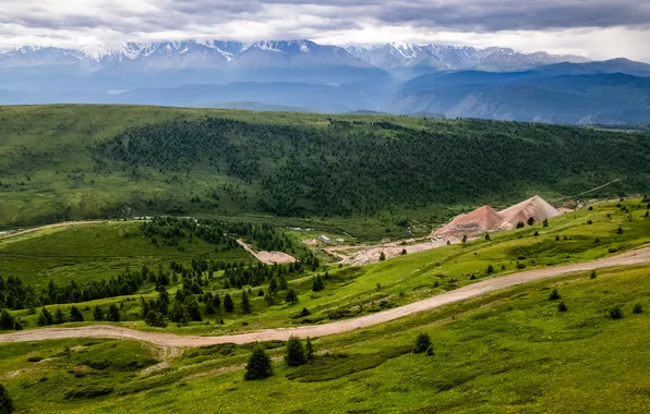 Road, clouds, trees, mountains, valley, horizon, meadows, Totoro