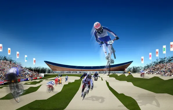 Picture London, flag, cyclists, symbols, tribune, background, Velodrome, logo summer Olympics 2012