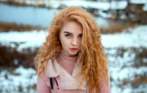 Winter, look, snow, background, model, portrait, makeup, jacket