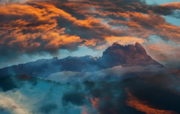 Clouds, landscape, dawn, mountain