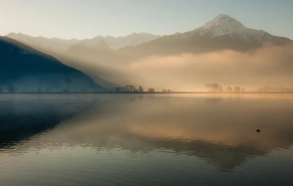 Picture mountain, lake, fog, hills, sunrise