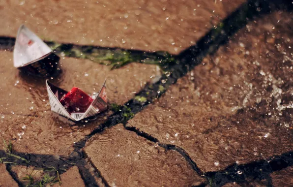 Water, drops, macro, rain, stone, origami, boats, paper