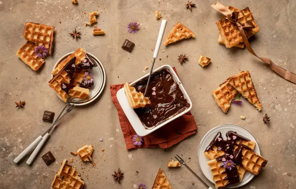 Chocolate, cream, dessert, waffles