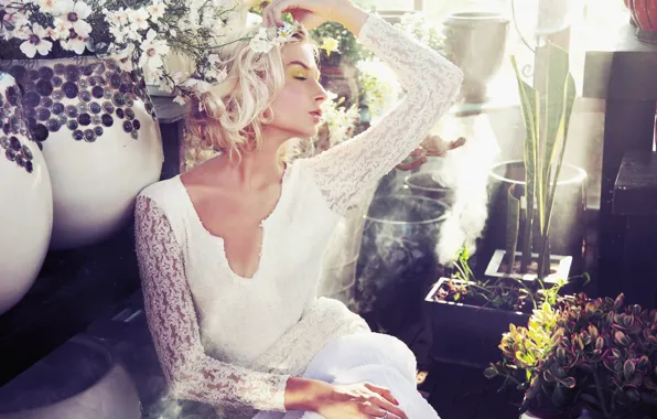 Picture girl, flowers, makeup, blonde