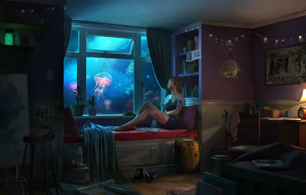Girl, night, table, room, books, sneakers, window, jellyfish