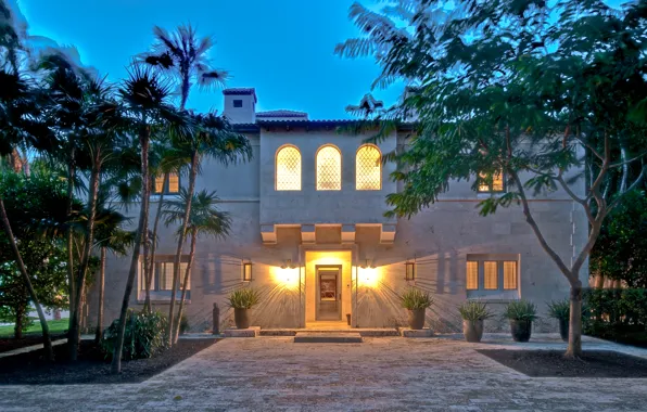House, palm trees, Villa, the evening, architecture, exterior, Miami Beach Tropical Hideaway