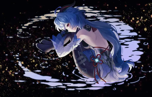 Water, girl, night, reflection, Crescent, Rafa, Genshin Impact, Ganyu