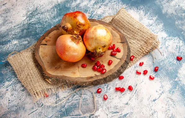 Background, burlap, grenades, stand, pomegranate grains