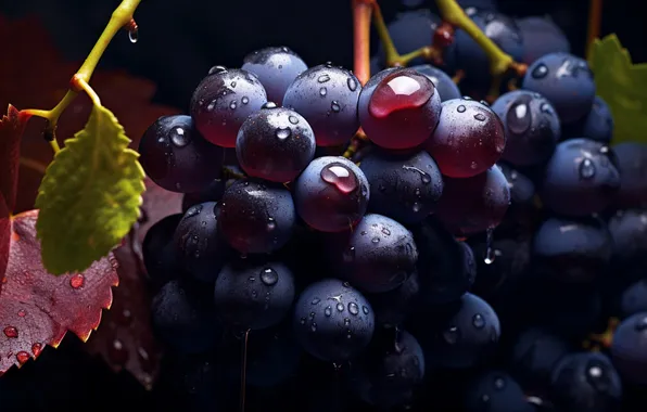 Picture leaves, drops, macro, blue, grapes, AI art, neural network