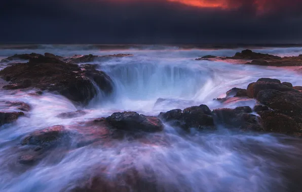 Sea, wave, sunset, clouds, waterfall, stream, the evening, power