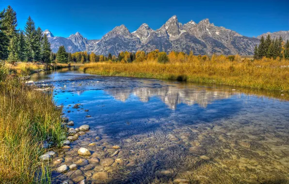 Autumn, forest, the sky, mountains, lake, reflection, stones