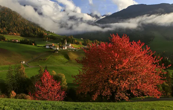 Autumn, clouds, landscape, mountains, nature, home, village, pasture