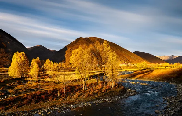 Autumn, the sky, clouds, light, trees, mountains, nature, river