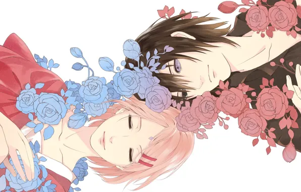 Flowers, romance, anime, Sakura, art, Sasuke, Naruto