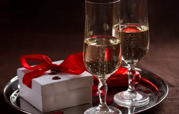 Love, gift, wine, heart, glasses, love, heart, romantic