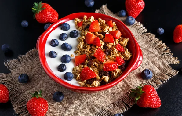 Berries, Breakfast, blueberries, strawberry, muesli, yogurt