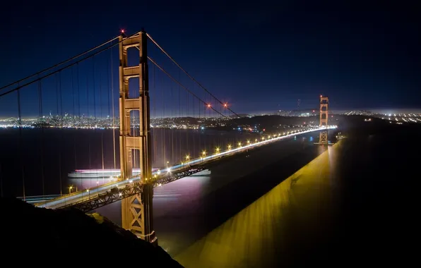 Picture night, the city, lights, Bridge, Golden Gate, San Francisco