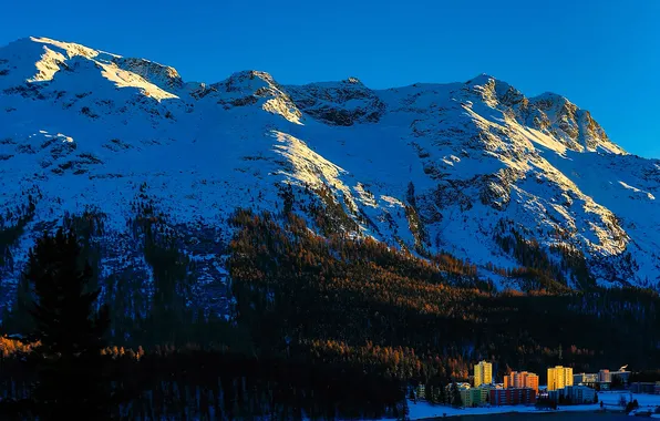 The sky, trees, sunset, mountains, home