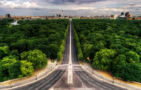 Road, forest, clouds, the city, Berlin, Avenue