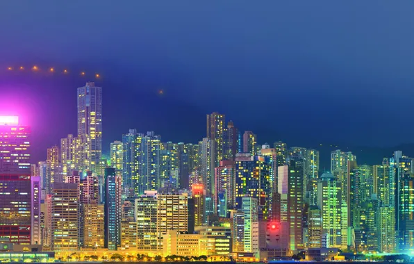 Landscape, mountains, night, lights, Hong Kong, skyscrapers, panorama, China