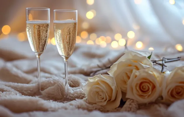 Love, flowers, holiday, wine, romance, roses, glasses, Valentine's Day