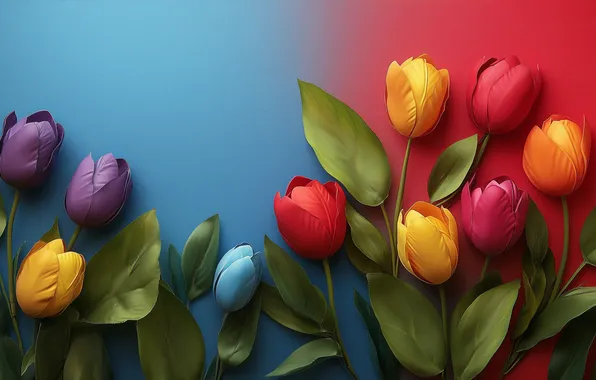 Leaves, flowers, bright, bouquet, spring, yellow, tulips, red