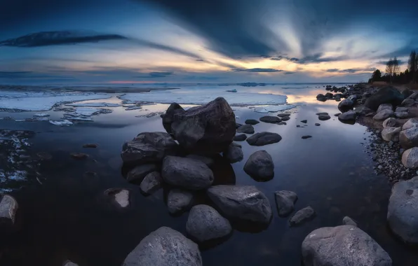 Water, The evening, Shore, Stones, Ice, Shoal, Reflections