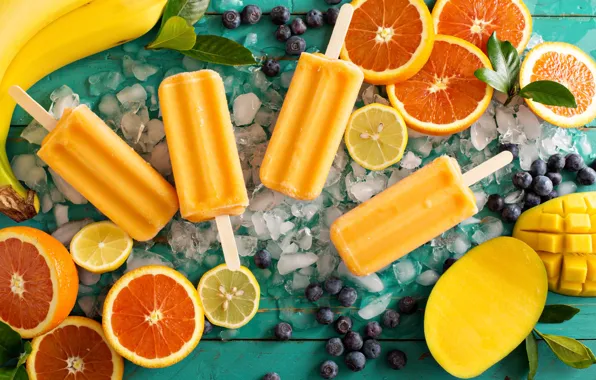 Lemon, orange, ice, blueberries, ice cream, mango, banana, dessert