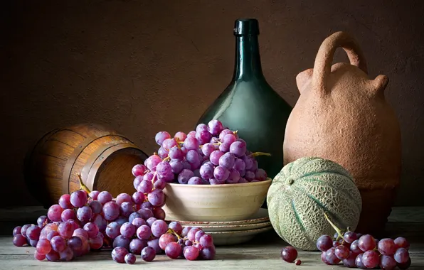 Picture the dark background, food, grapes, dishes, fruit, still life, composition, bottle