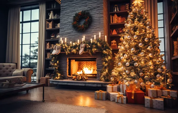 Comfort, house, heat, room, fire, flame, interior, Christmas