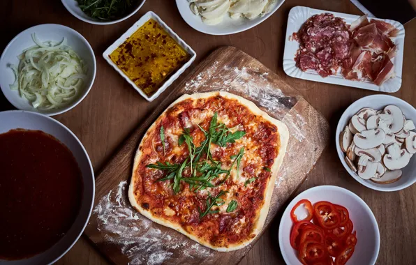 Greens, table, mushrooms, bow, meat, vegetables, pizza, cooking
