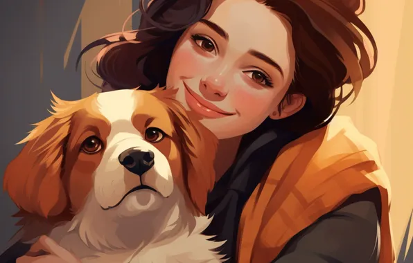 Girl, Dog, Love, Look, Smile, Two, Digital art, AI art