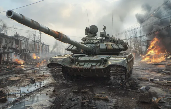 Picture Smoke, Fire, Dirt, Building, Tank, Digital art, Devastation, AI art