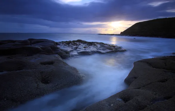 Picture sea, the sky, the sun, sunset, clouds, blue, stones, the ocean