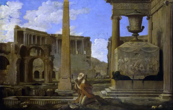The city, picture, obelisk, Jean Lemer, A Hermit Praying In The Ruins