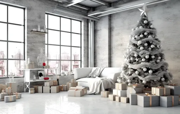 Picture winter, decoration, room, balls, tree, interior, New Year, Christmas