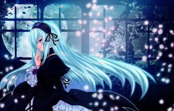 Picture girl, hairstyle, Anime, Art, blue hair, Suigintou, Rozen Maiden
