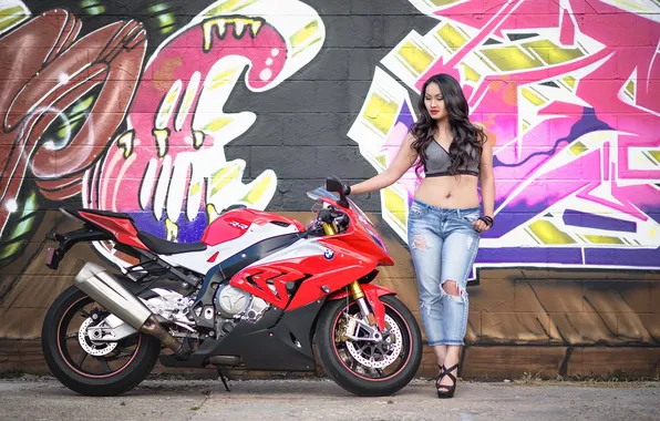 Girl, background, motorcycle