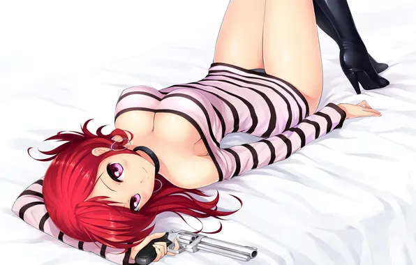 Girl, gun, bed