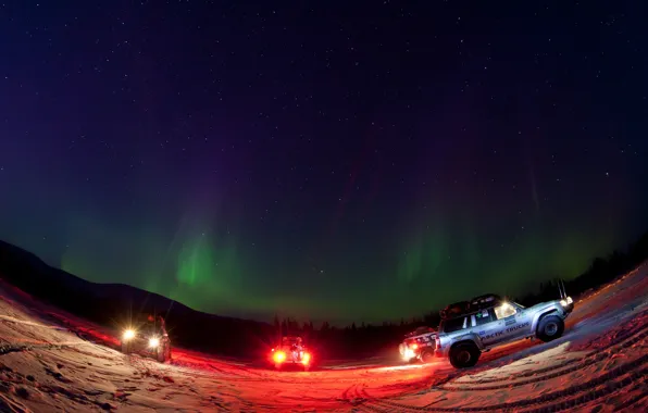 Machine, night, headlights, Chukotka. Northern lights