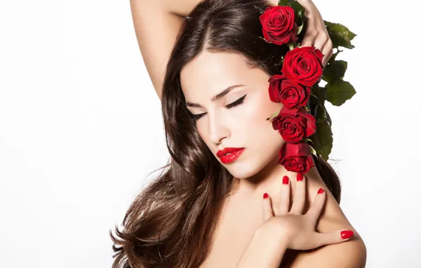 Girl, flowers, background, hair, roses, hands, makeup, lips