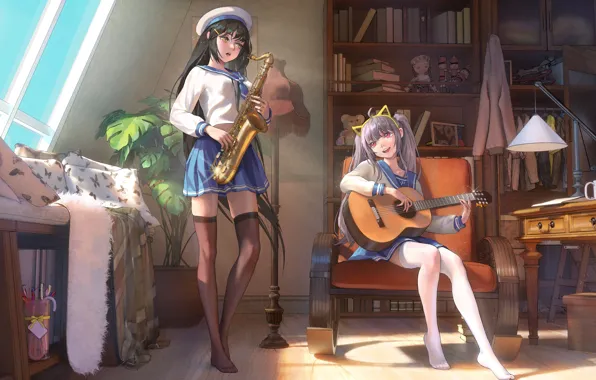 Two girls, takes, in the room, attic, saxophone, sailor, sitting in the chair, white stockings