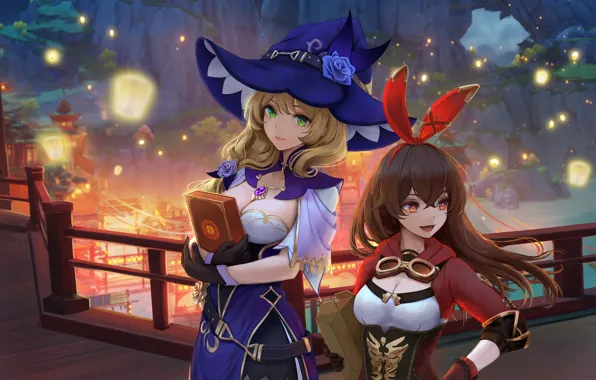 Mountains, night, holiday, lanterns, purchase, Lisa, Amber, Genshin Impact