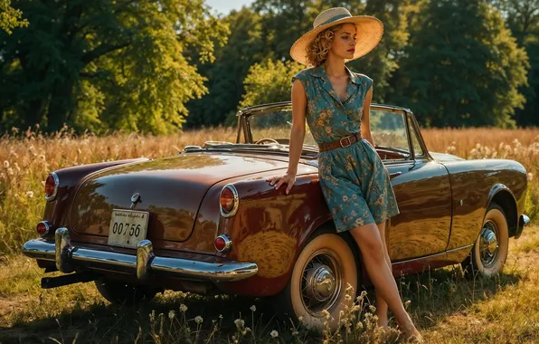 Machine, girl, pose, spring, garden, is, car, flowering