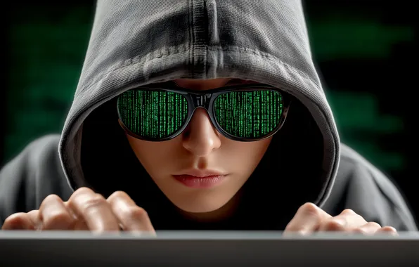 Computer, face, the dark background, people, hands, glasses, hood, matrix